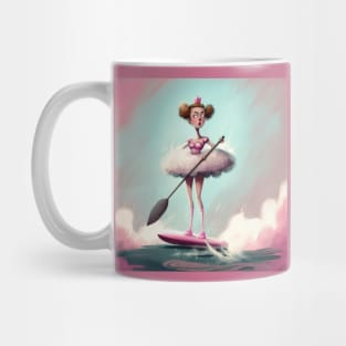 Quirky ballerina wearing her tutu on a stand up paddle board. Mug